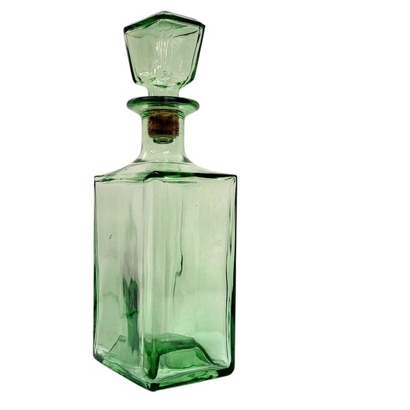 Vintage Green Glass Liquor Bottle Decanter with Hollow Glass & Cork Stopper MCM - Picture 2 of 7